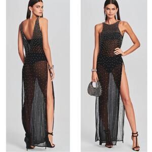 Retrofete Carmella Crystal Embellished High Slit Sheer Black Maxi Dress Sz M